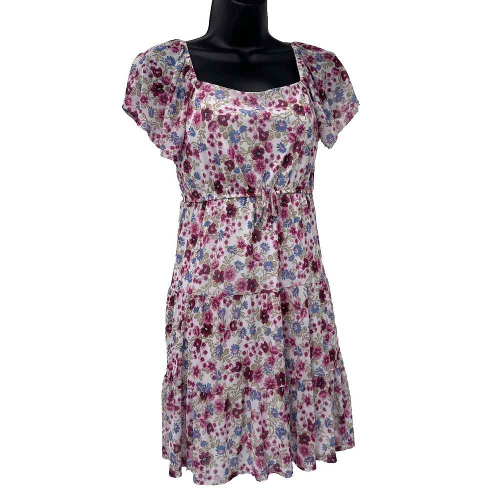 Floral Babydoll Mini‎ Dress Coquette Cottage Fairy sheer sleeve Y2K tie waist